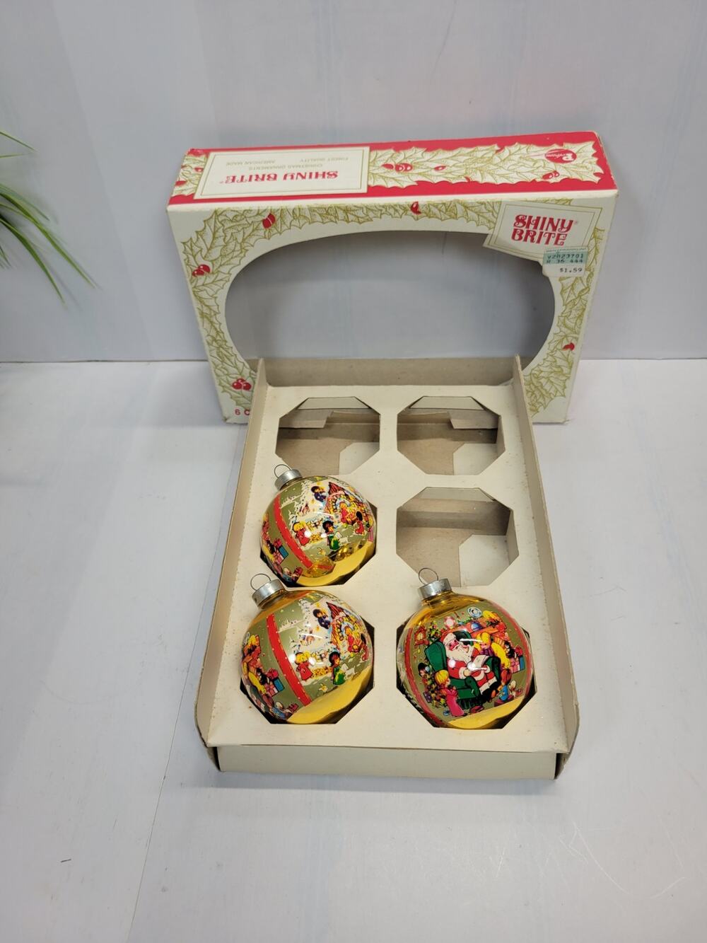 3 MCM Vintage Christmas Tree Ornaments, Glass Bulb Plastic Wrap